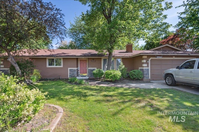 single story home featuring stucco siding, a front lawn, an attached garage, and stone siding
