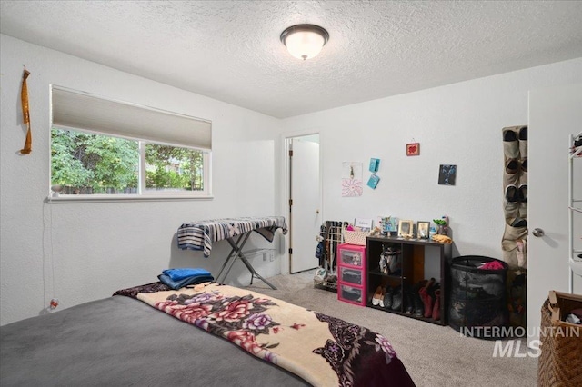 carpeted bedroom with a textured ceiling