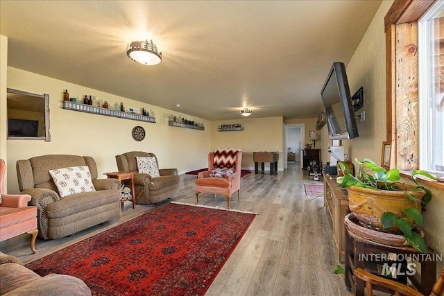 living room featuring light hardwood / wood-style floors and a textured ceiling