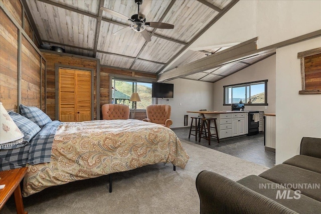 carpeted bedroom featuring ceiling fan, lofted ceiling, wooden ceiling, and wood walls