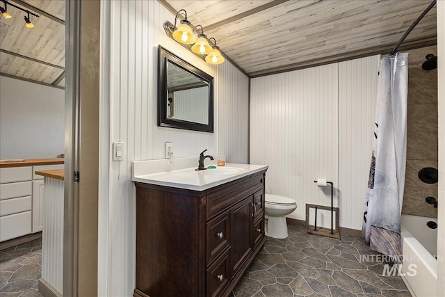 full bathroom with wood ceiling, shower / tub combo with curtain, vanity, and toilet