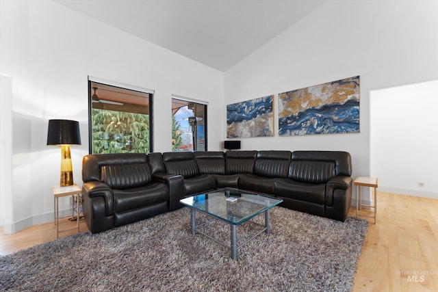 living room with hardwood / wood-style flooring and high vaulted ceiling