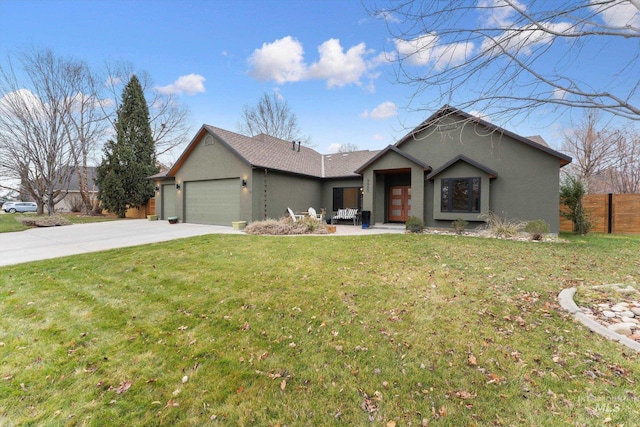 ranch-style house with a garage and a front yard