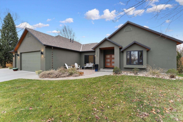 single story home featuring a garage, a patio, a front yard, and french doors