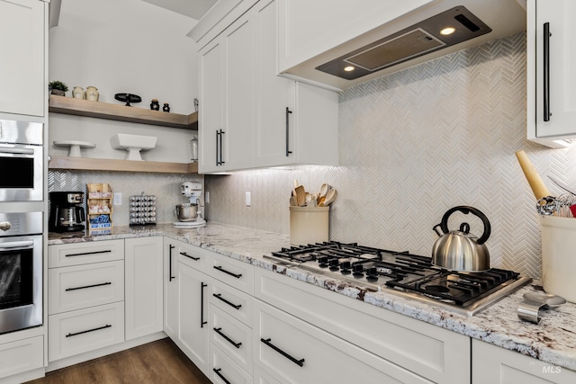 11645 N 24th Ave, Boise, ID 83714 - kitchen featuring white cabinetry, stainless steel appliances, custom range hood, and open shelves