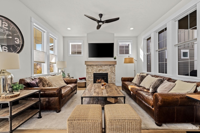 11645 N 24th Ave, Boise, ID 83714 - living area featuring a fireplace, ceiling fan, and recessed lighting