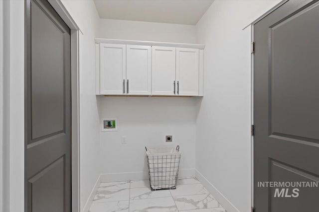 2895 Evening Sun Dr, Twin Falls, ID 83301 - clothes washing area with washer hookup, electric dryer hookup, light marble finish flooring, baseboards, and cabinet space