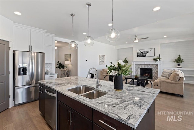 2895 Evening Sun Dr, Twin Falls, ID 83301 - kitchen featuring appliances with stainless steel finishes, a sink, wood finished floors, a ceiling fan, and a lit fireplace
