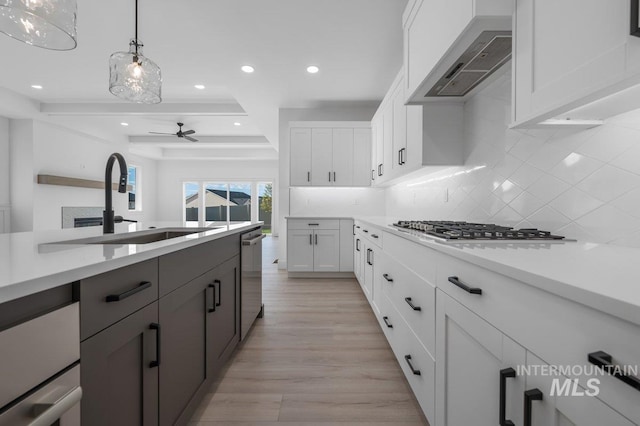 kitchen featuring custom exhaust hood, stainless steel appliances, light wood-type flooring, backsplash, and white cabinetry