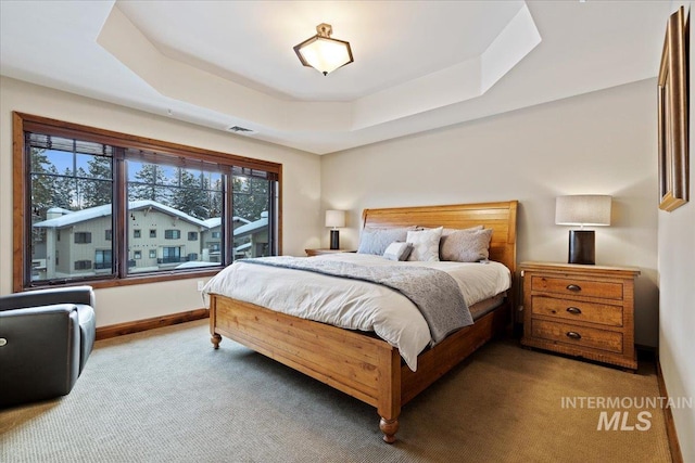 bedroom with a raised ceiling and carpet floors