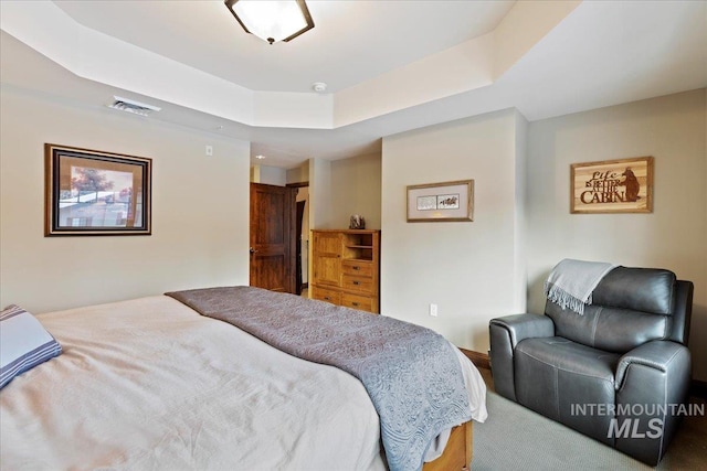 carpeted bedroom featuring a raised ceiling