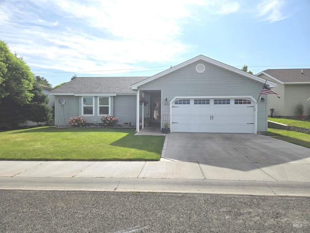 1451 Spurlock Ct, Twin Falls, ID 83301 - ranch-style house featuring a garage, concrete driveway, a front lawn, and a shingled roof