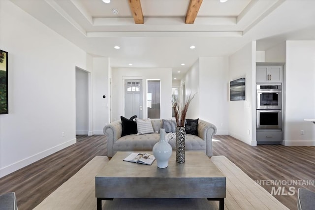 8820 E Snow Drop St, Nampa, ID 83687 - living room featuring baseboards, recessed lighting, wood finished floors, and beam ceiling