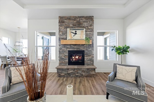 8820 E Snow Drop St, Nampa, ID 83687 - living room with baseboards, plenty of natural light, a fireplace, and wood finished floors