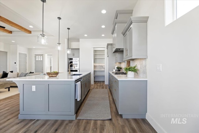 8820 E Snow Drop St, Nampa, ID 83687 - kitchen with light countertops, stainless steel appliances, gray cabinetry, and dark wood-type flooring