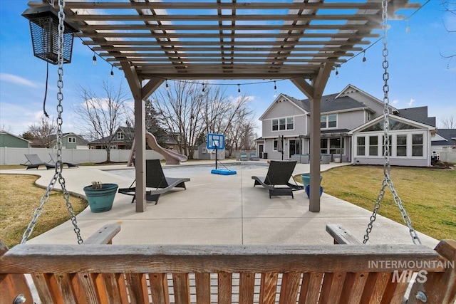 view of patio / terrace featuring fence private yard and a pergola