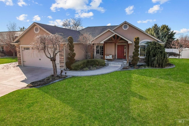 72 Pelican Dr, Rupert, ID 83350 - single story home with a garage, stucco siding, stone siding, a front lawn, and concrete driveway