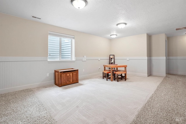 72 Pelican Dr, Rupert, ID 83350 - interior space featuring a textured ceiling, light colored carpet, wainscoting, and visible vents