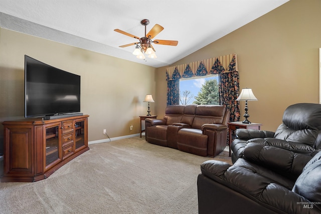 72 Pelican Dr, Rupert, ID 83350 - living room featuring baseboards, light colored carpet, ceiling fan, and lofted ceiling