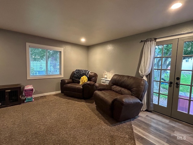 living room featuring french doors and hardwood / wood-style flooring