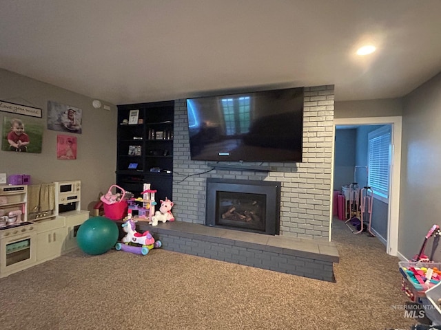 interior space featuring a fireplace and carpet flooring