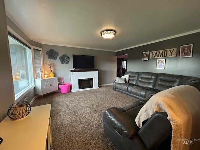 living room with ornamental molding and carpet floors