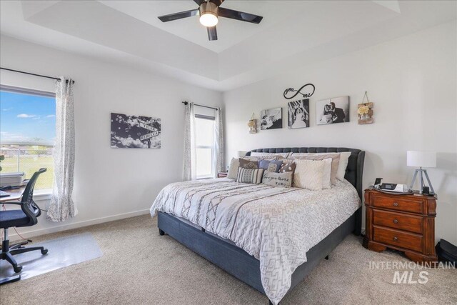 209 W 13th Ave, Jerome, ID 83338 - carpeted bedroom featuring a raised ceiling, baseboards, ceiling fan, and a desk
