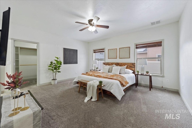 bedroom featuring ceiling fan, a spacious closet, carpet, and multiple windows