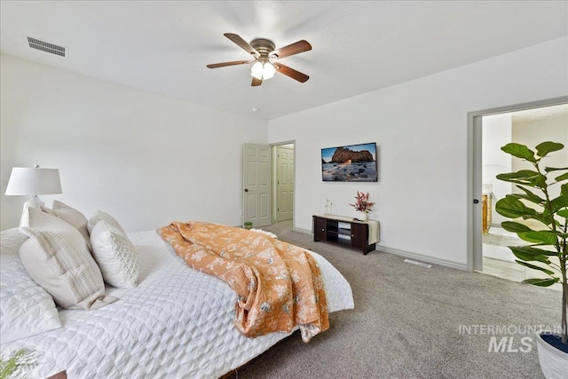 carpeted bedroom with ceiling fan