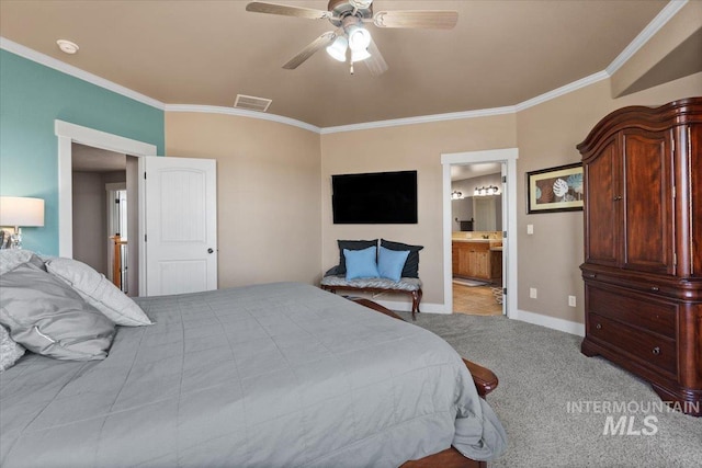 bedroom with visible vents, ornamental molding, a ceiling fan, carpet, and baseboards