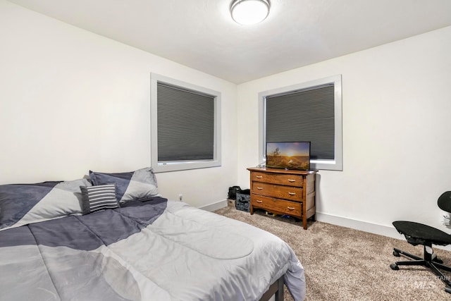 bedroom with light colored carpet