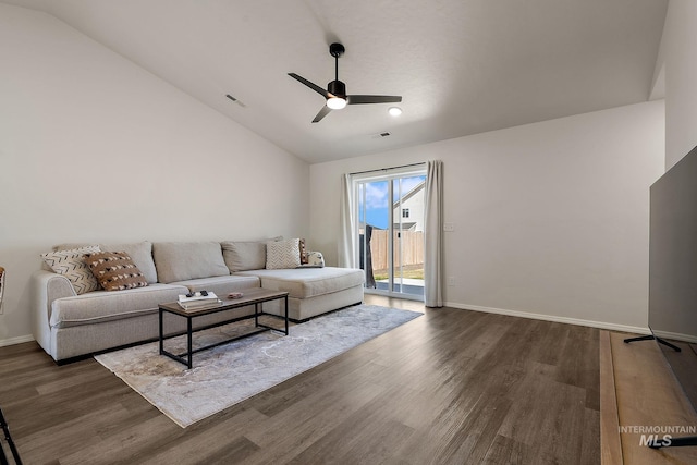 living area with a ceiling fan, visible vents, lofted ceiling, and dark wood finished floors