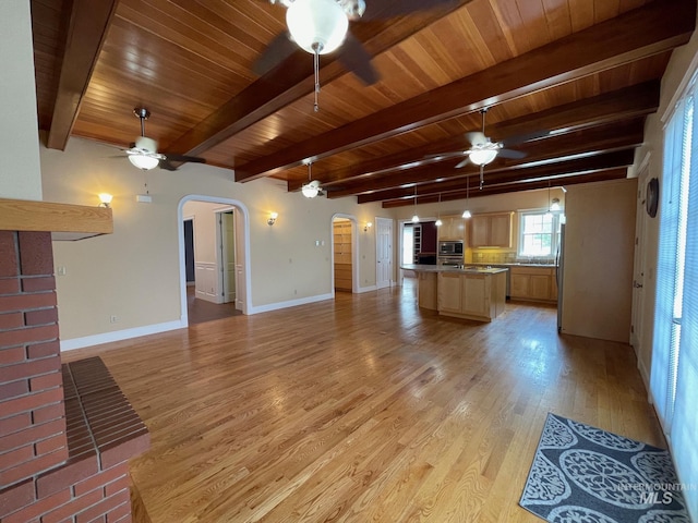 unfurnished living room featuring beam ceiling, light hardwood / wood-style flooring, and wooden ceiling