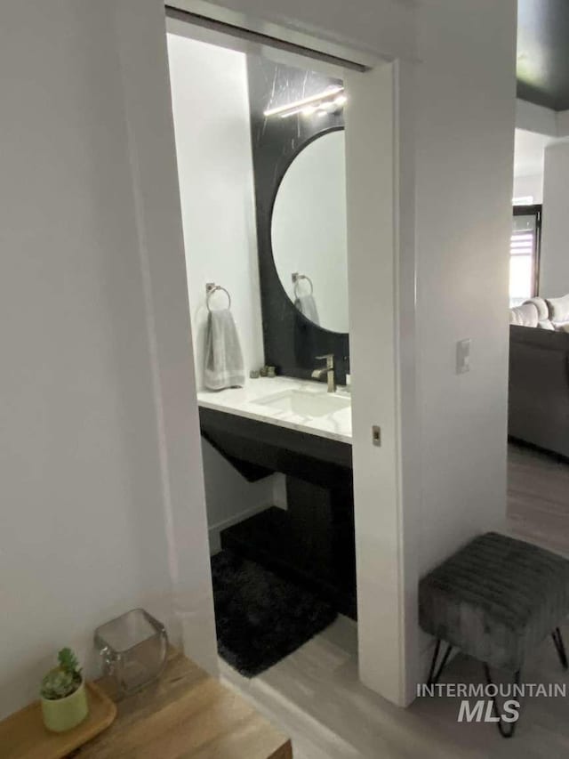 bathroom featuring hardwood / wood-style floors and vanity