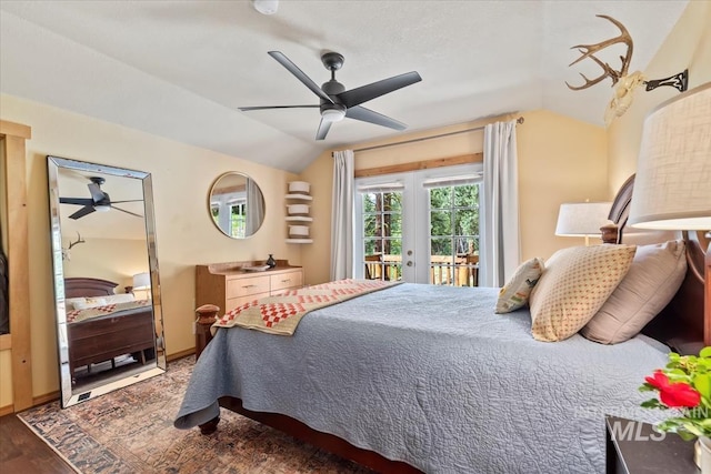 150 W Yuba Vista Dr, Atlanta, ID 83716 - bedroom with vaulted ceiling, access to outside, wood finished floors, and a ceiling fan