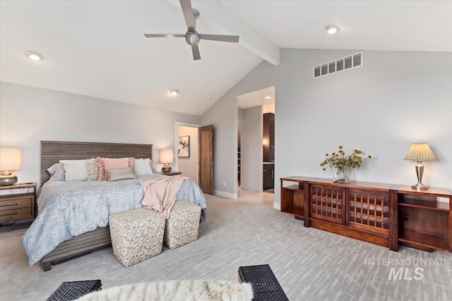 carpeted bedroom with ceiling fan and vaulted ceiling with beams