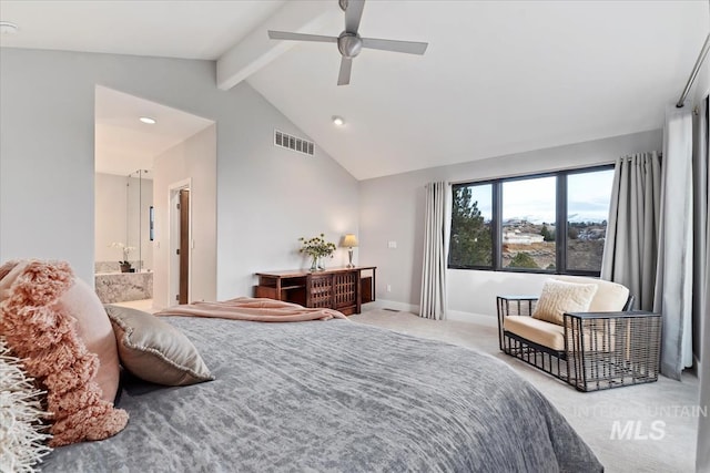 carpeted bedroom with ceiling fan, high vaulted ceiling, connected bathroom, and beam ceiling