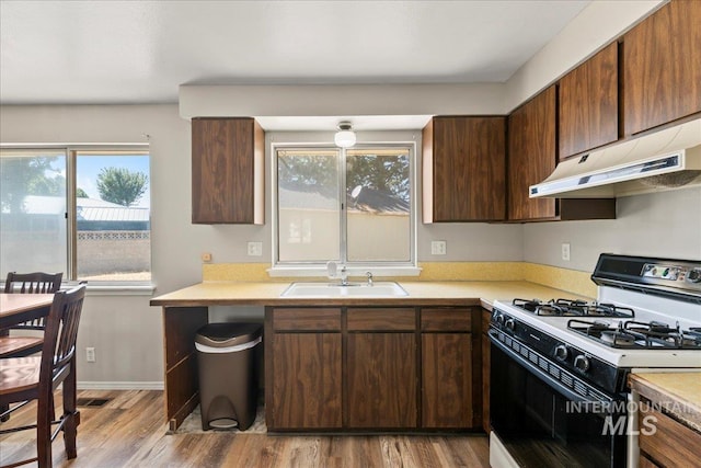 131 Goodall Pl, Mountain Home, ID 83647 - kitchen featuring range with gas cooktop, a sink, under cabinet range hood, light countertops, and healthy amount of natural light