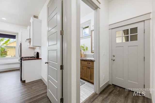entryway with dark wood-style flooring
