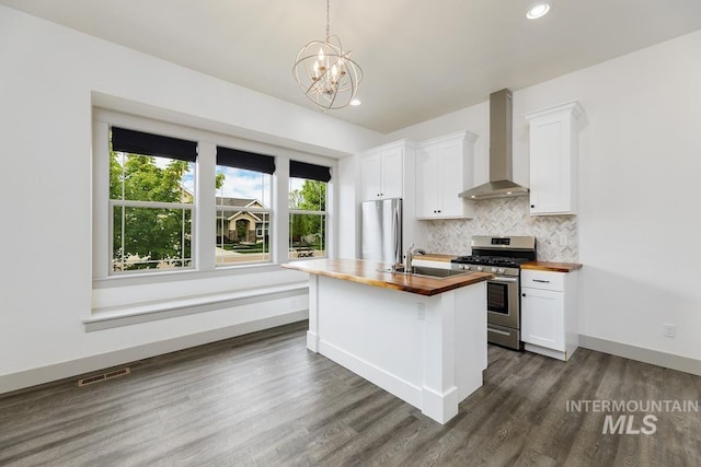 kitchen featuring visible vents, wooden counters, wall chimney exhaust hood, a sink, and appliances with stainless steel finishes