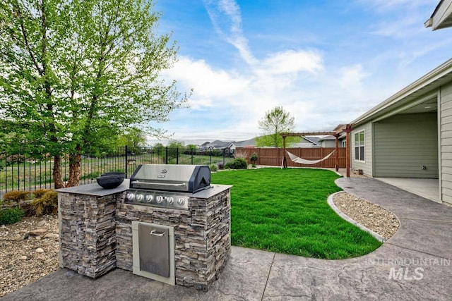 view of yard featuring a patio, an outdoor kitchen, and a fenced backyard