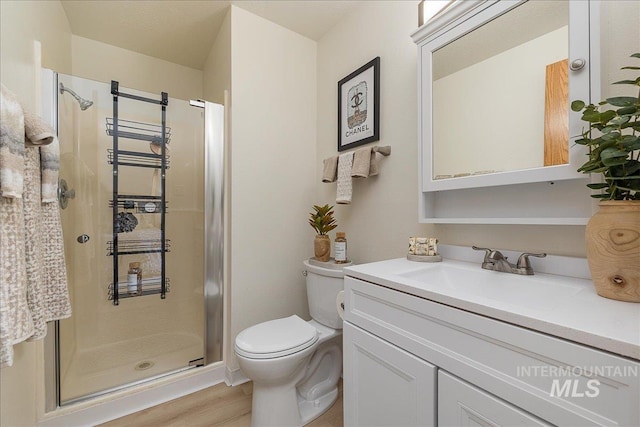498 E Chester Ln, Boise, ID 83706 - full bathroom featuring toilet, a shower stall, vanity, and wood finished floors