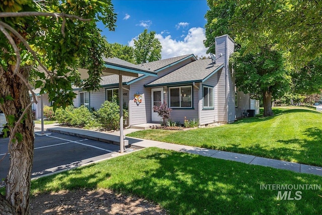 498 E Chester Ln, Boise, ID 83706 - bungalow-style home with a chimney, uncovered parking, a front lawn, and roof with shingles