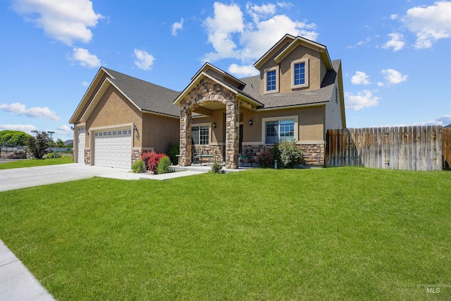 1020 Woodland St, Rupert, ID 83350 - view of front facade featuring stone siding, stucco siding, concrete driveway, a garage, and a shingled roof