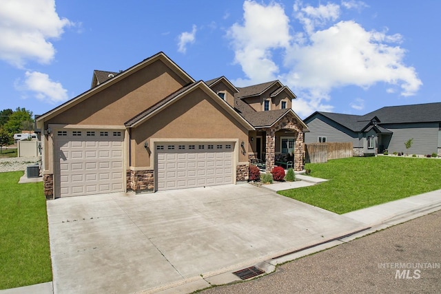 1020 Woodland St, Rupert, ID 83350 - view of front of home with stone siding, an attached garage, driveway, stucco siding, and central AC