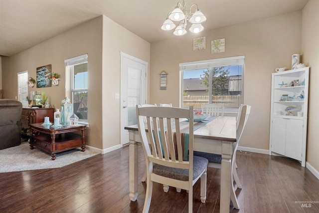 1020 Woodland St, Rupert, ID 83350 - dining area with dark wood-style floors, a chandelier, and baseboards