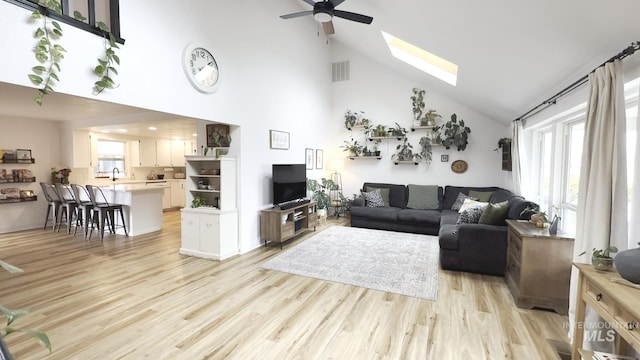 7985 S Cloverdale Rd, Boise, ID 83709 - living area with high vaulted ceiling, a skylight, ceiling fan, a healthy amount of sunlight, and visible vents