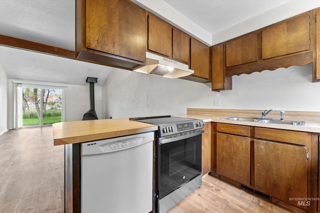 kitchen with dishwasher, a sink, stainless steel electric stove, under cabinet range hood, and light wood-style flooring