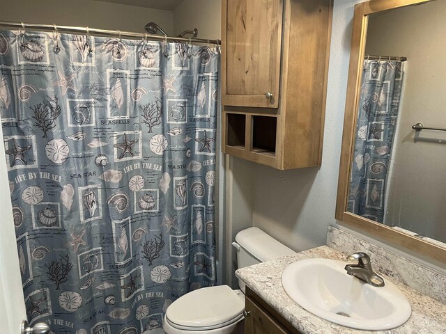 bathroom with toilet, curtained shower, and vanity