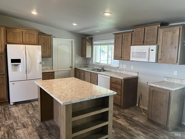 kitchen with open shelves, a sink, white appliances, recessed lighting, and dark wood-type flooring